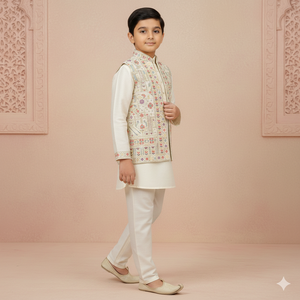 Ivory Kurta Pajama with Printed Jacket