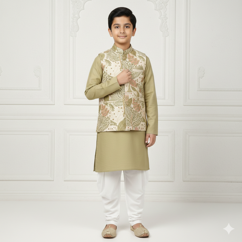 Olive Kurta with Printed Nehru Jacket
