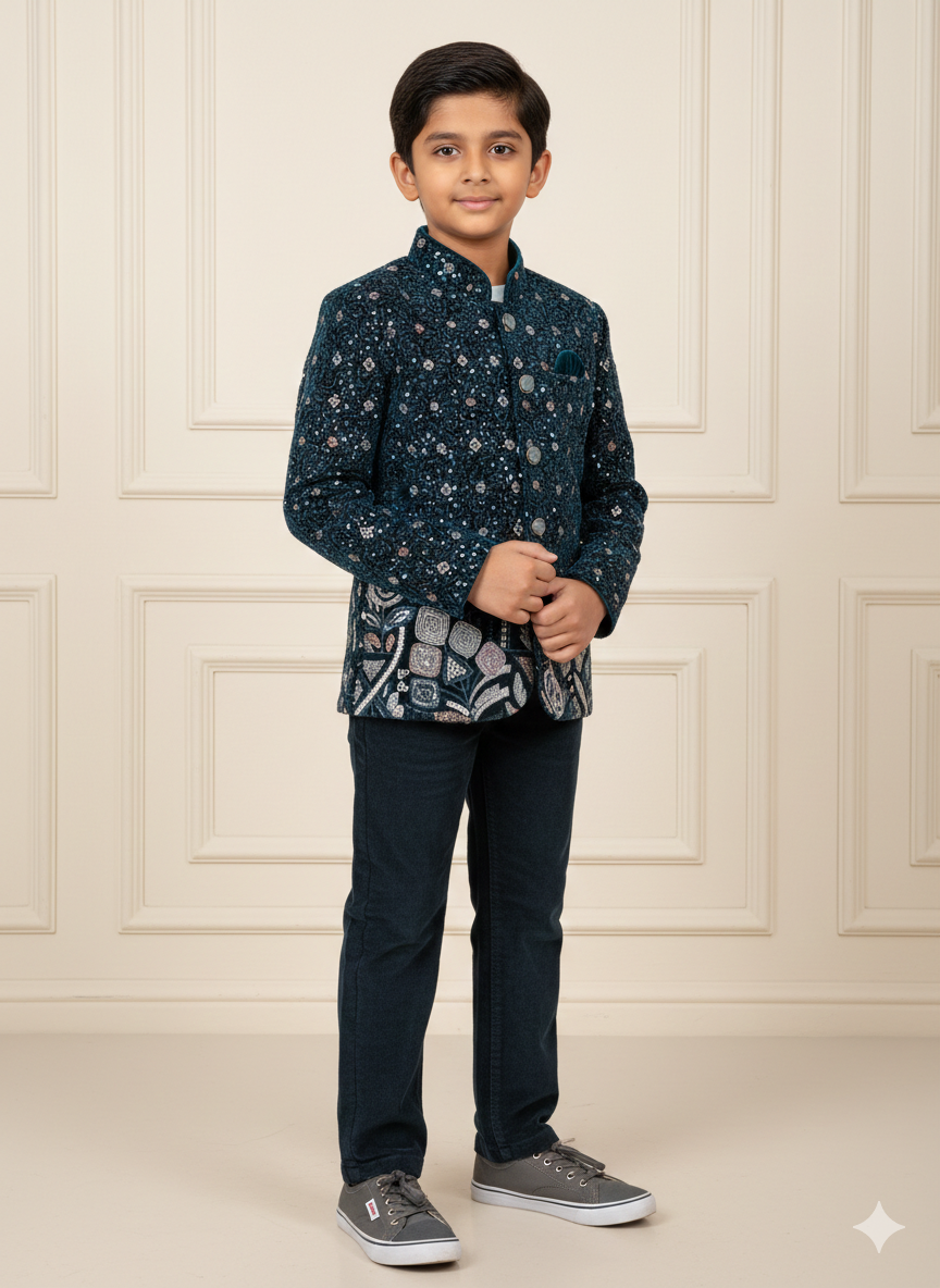 Midnight Teal & Silver Motif Designer Ethnic Jacket Set