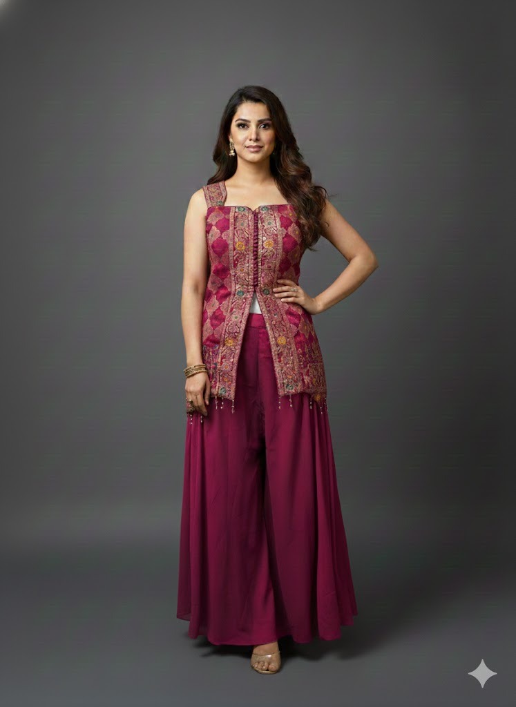 Rich Wine Pink & Gold Floral Ethnic Set