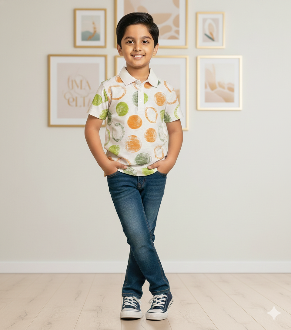 White Shirt with Multicolor Circle Pattern