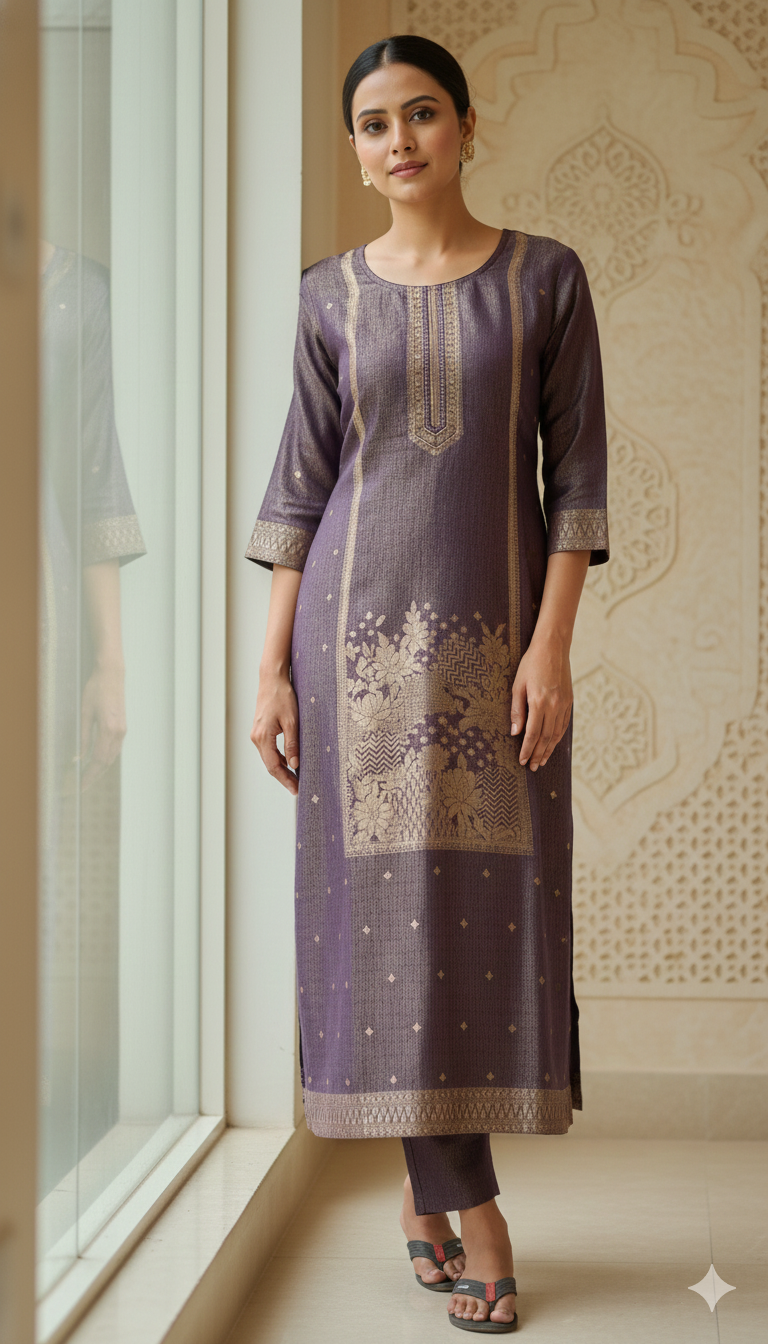 Elegant Deep Purple & Gold Ethnic Motif Kurta Set