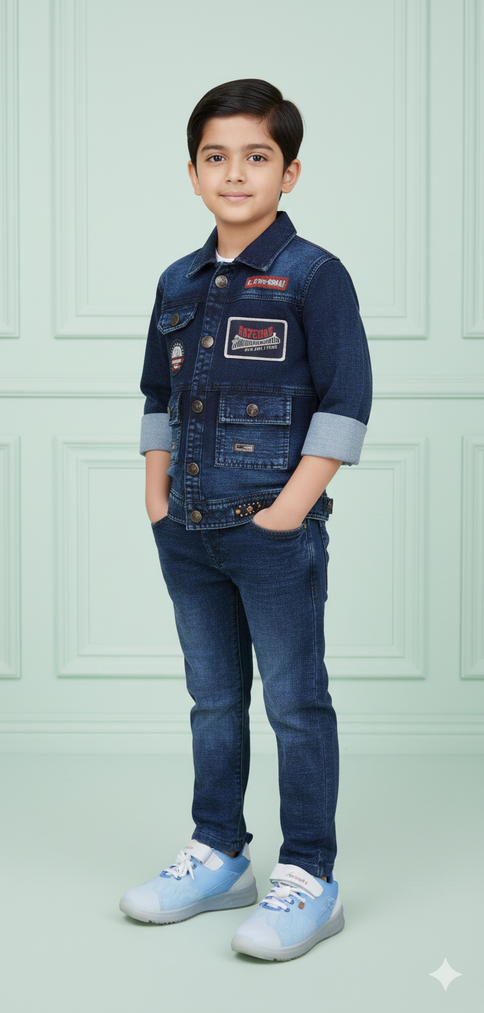 Dark Blue Outfit with Bold Patch Design