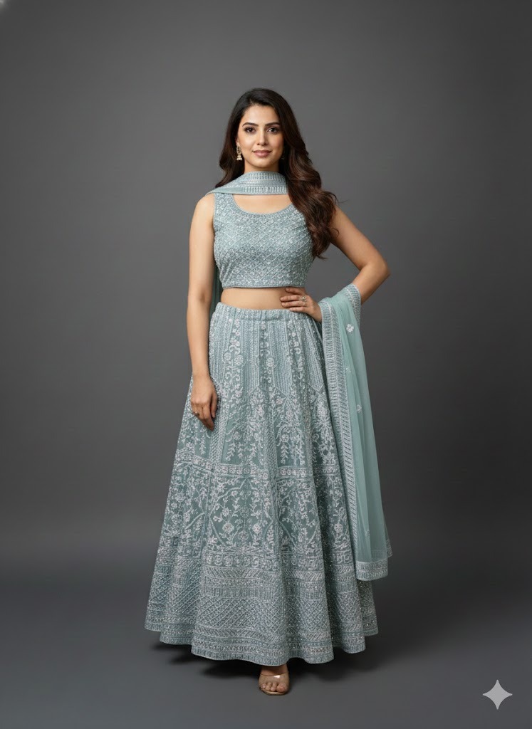 Soft Sage Green & Silver Intricate Floral Lehenga