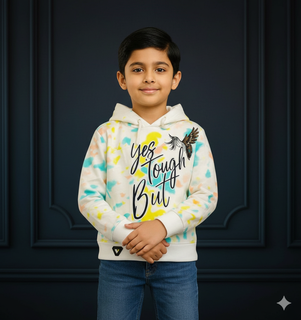 White Hoodie with Multicolor Splash and Bold Text Design