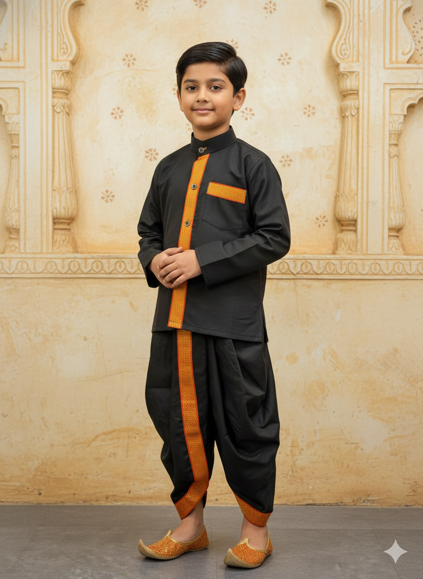 Bold Black & Orange Ethnic Set with Minimal Contrast Panel Detailing