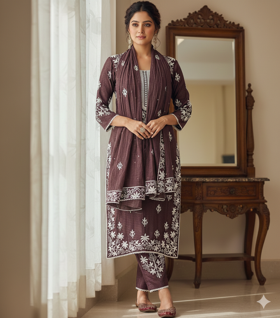 Deep Plum & Ivory Floral Motif Ethnic Design with Border Accents