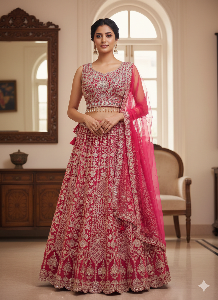 Vibrant Rose Pink & Gold Intricate Floral Lehenga