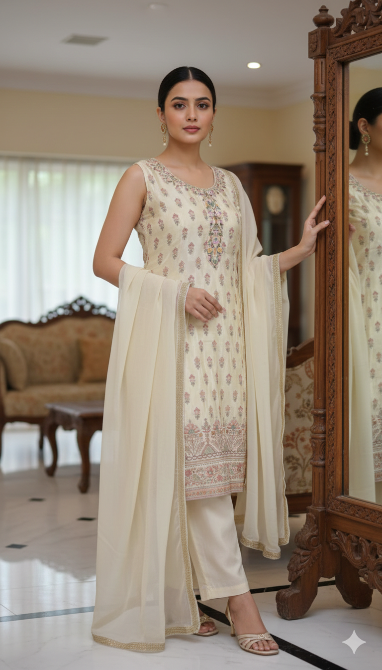 Elegant Ivory & Soft Pastel Floral Minimal Ethnic Design