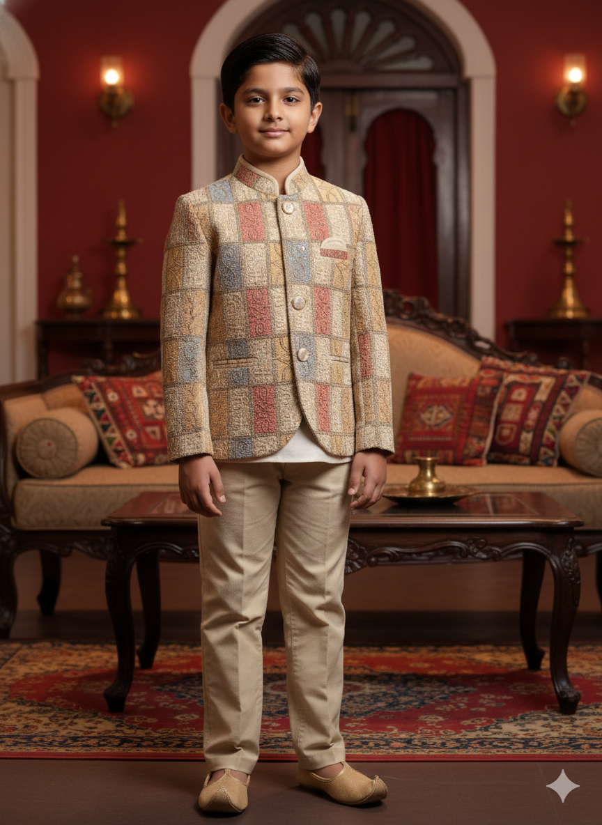 Beige Multicolor Patchwork Ethnic Jacket Set