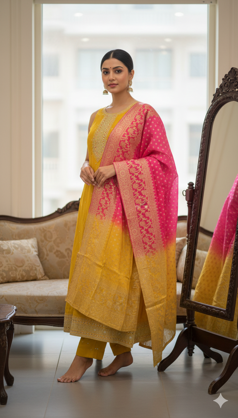 Vibrant Mustard Yellow & Rani Pink Gradient Floral Ethnic Design