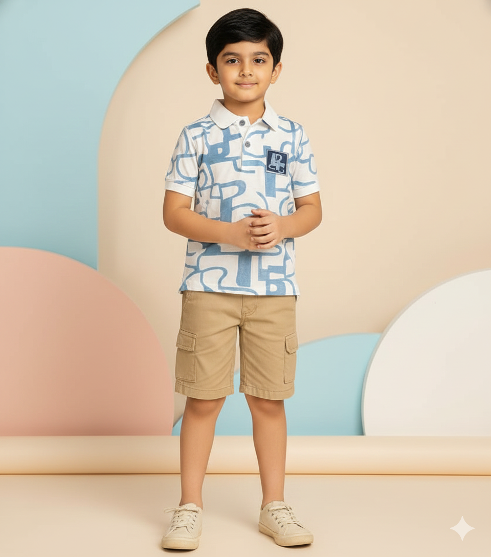 White and Blue Shirt with Abstract Letter Pattern