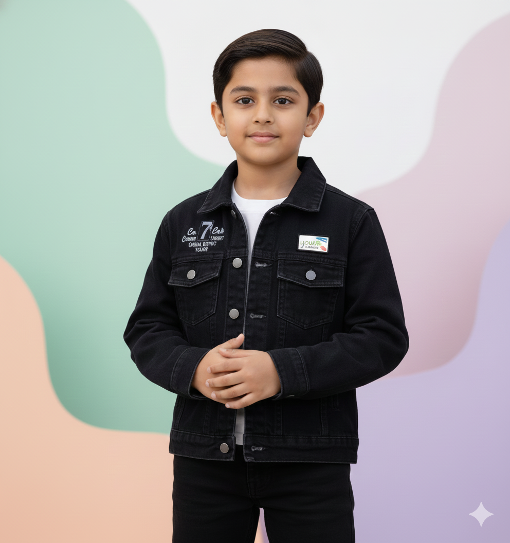 Black Jacket with Minimal Text and Patch Design