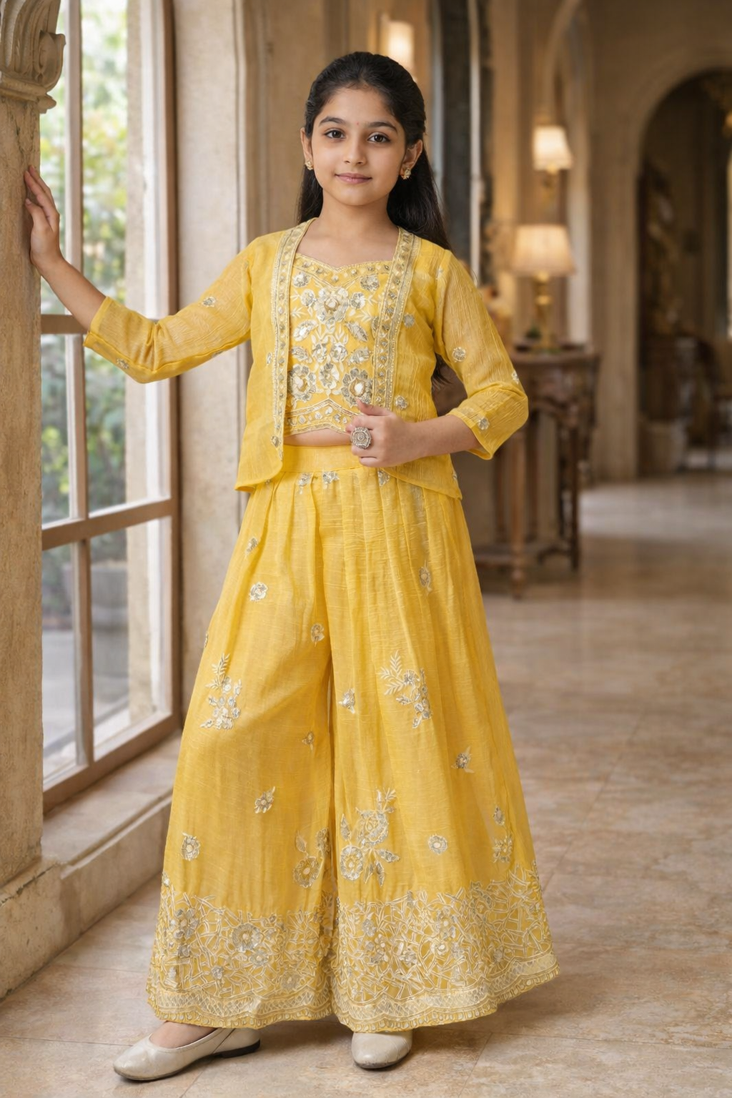 Bright Mustard Yellow & Silver Floral Embroidered Set