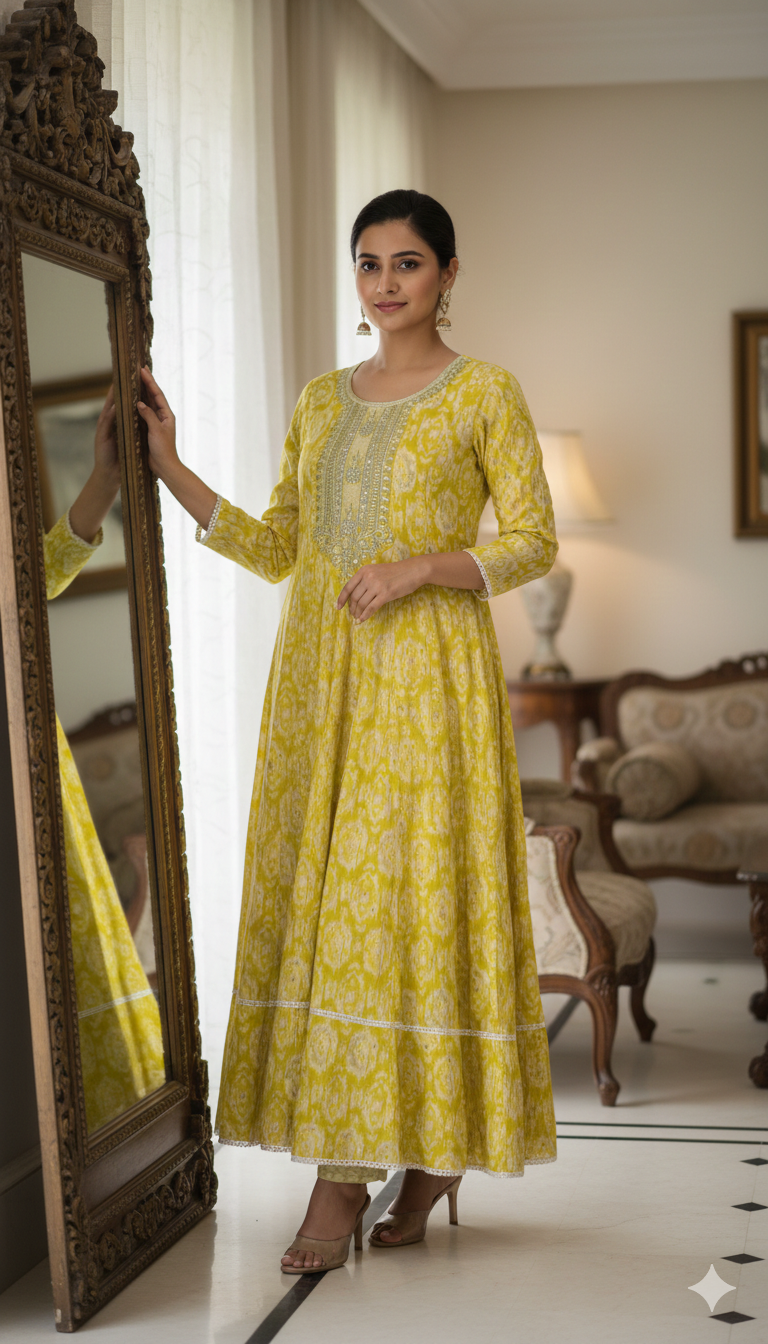Bright Mustard Yellow & Soft Ivory Floral Allover Ethnic Design
