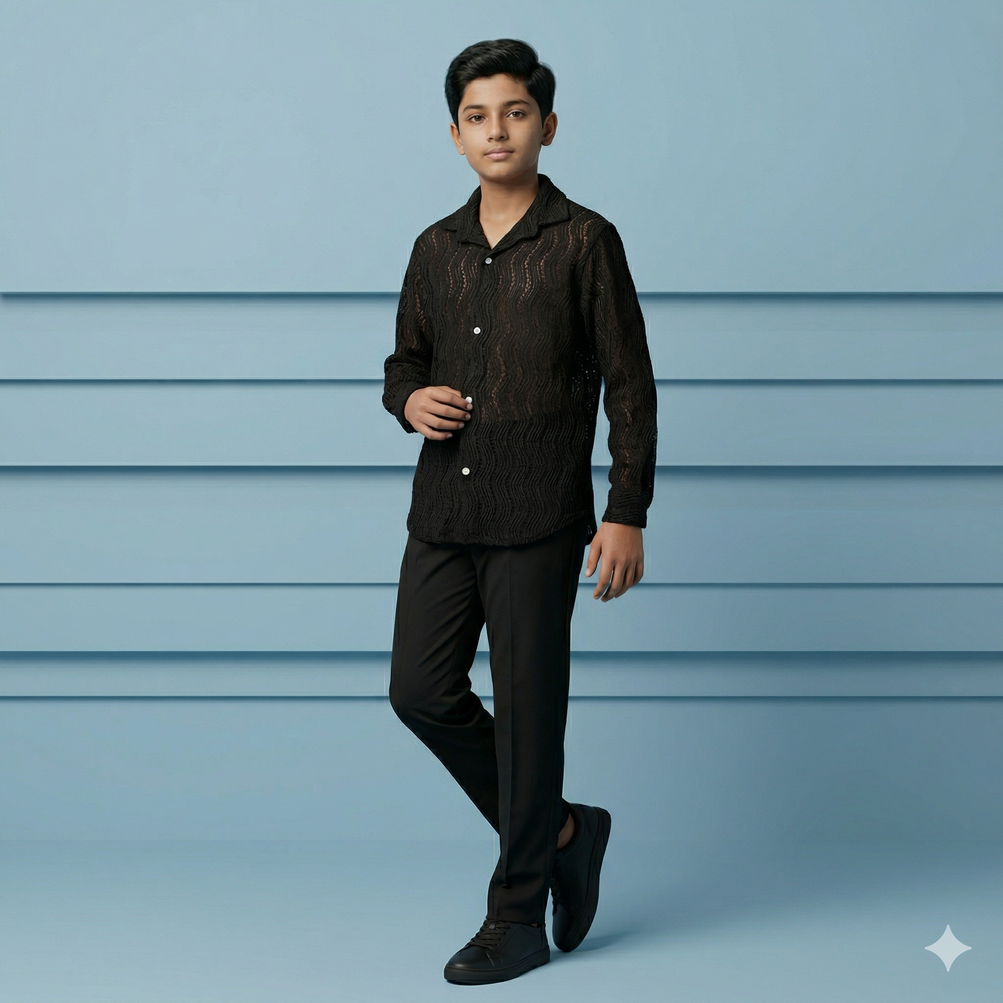 Men’s Solid Black Shirt with Subtle Wavy Pattern Design