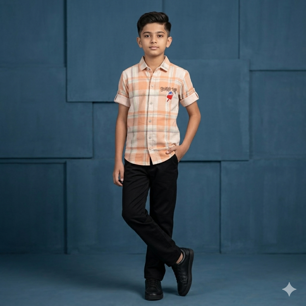 Men’s Peach Pink Checkered Shirt with Subtle Purple Line Pattern