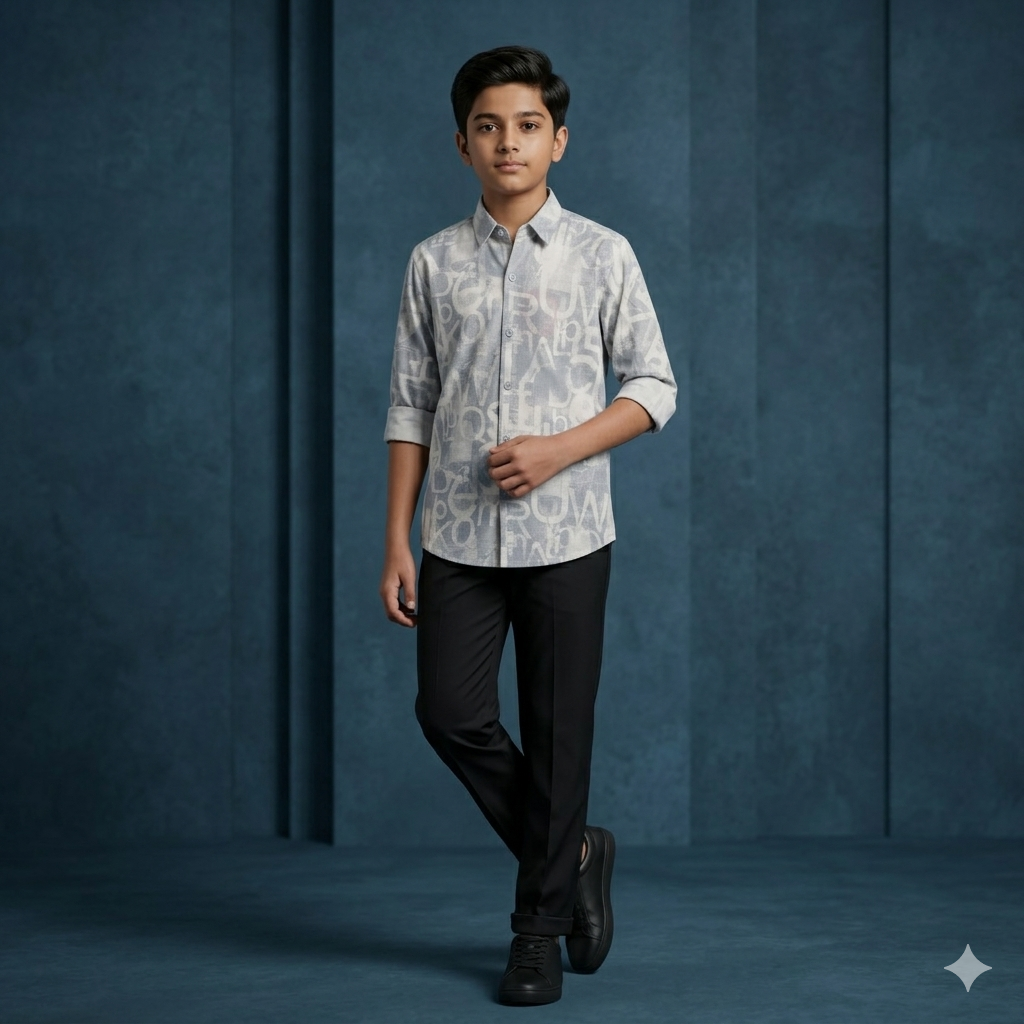 Light Grey Shirt with All-Over Abstract Letter Pattern