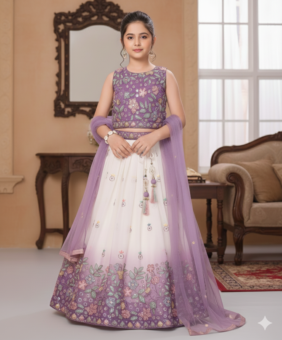 Elegant Lavender & Ivory Floral Gradient Lehenga Set
