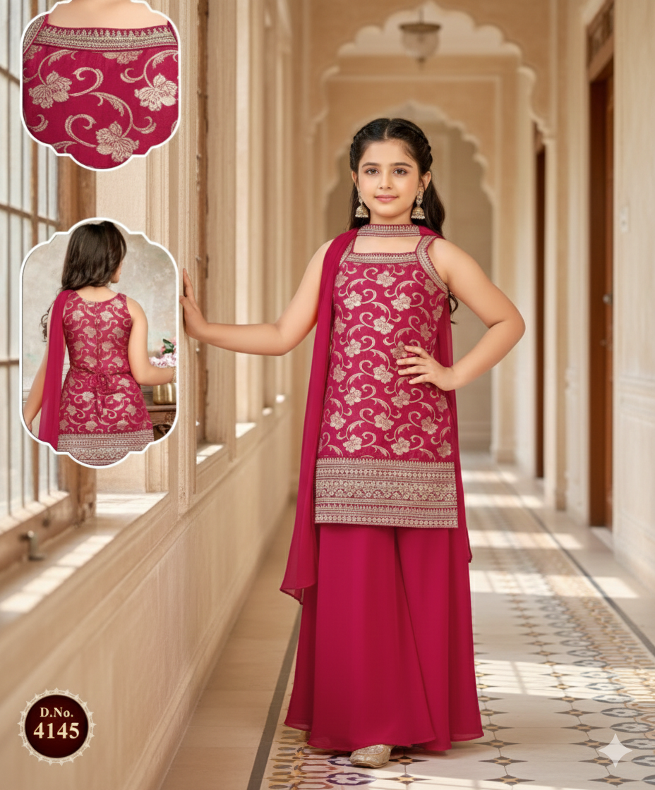 Rich Wine Red & Gold Floral Sharara Set