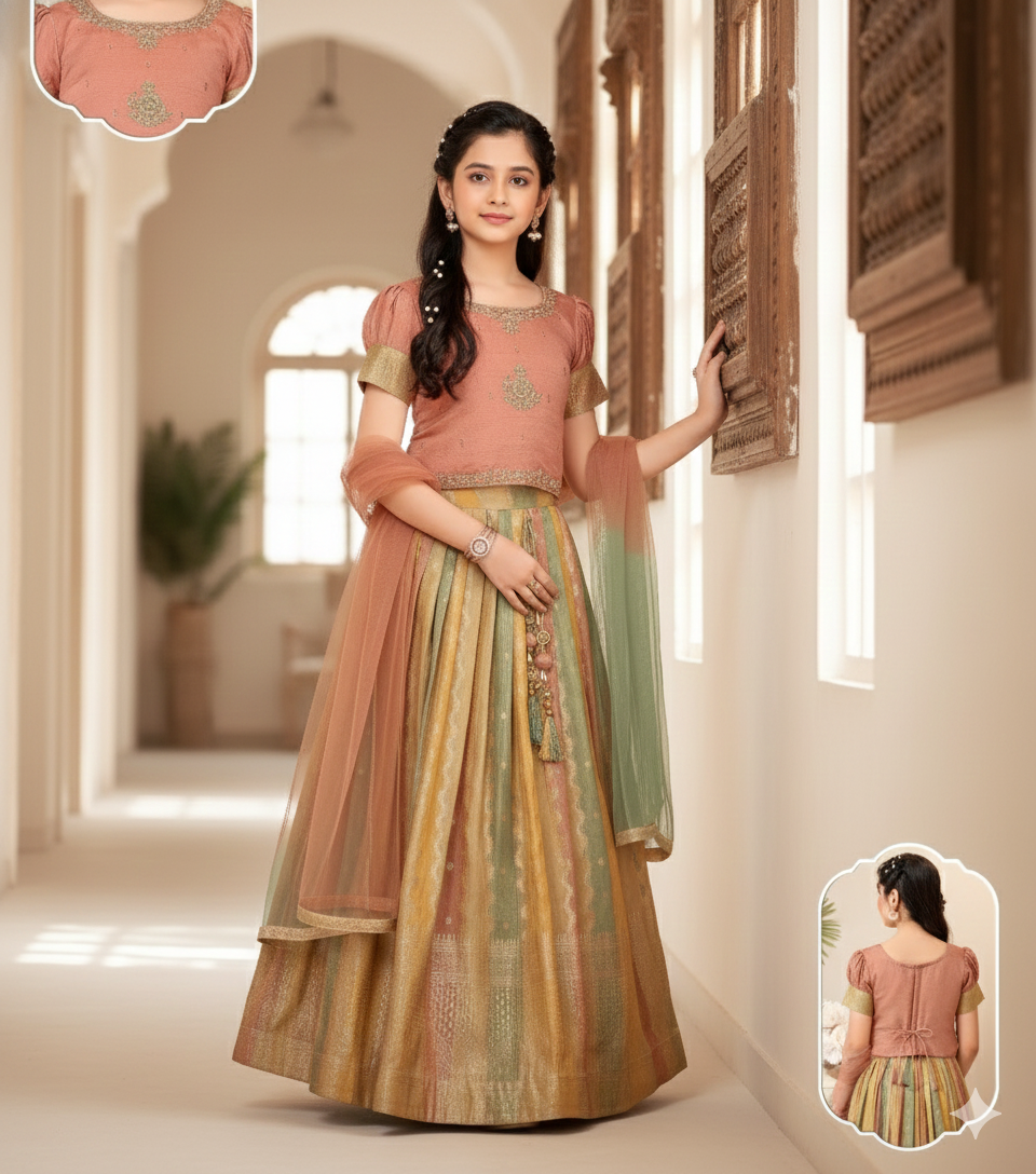 Elegant Peach, Gold & Sage Green Striped Lehenga Set