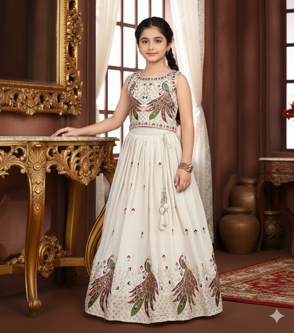 Classic Ivory & Multicolor Peacock Motif Ethnic Dress