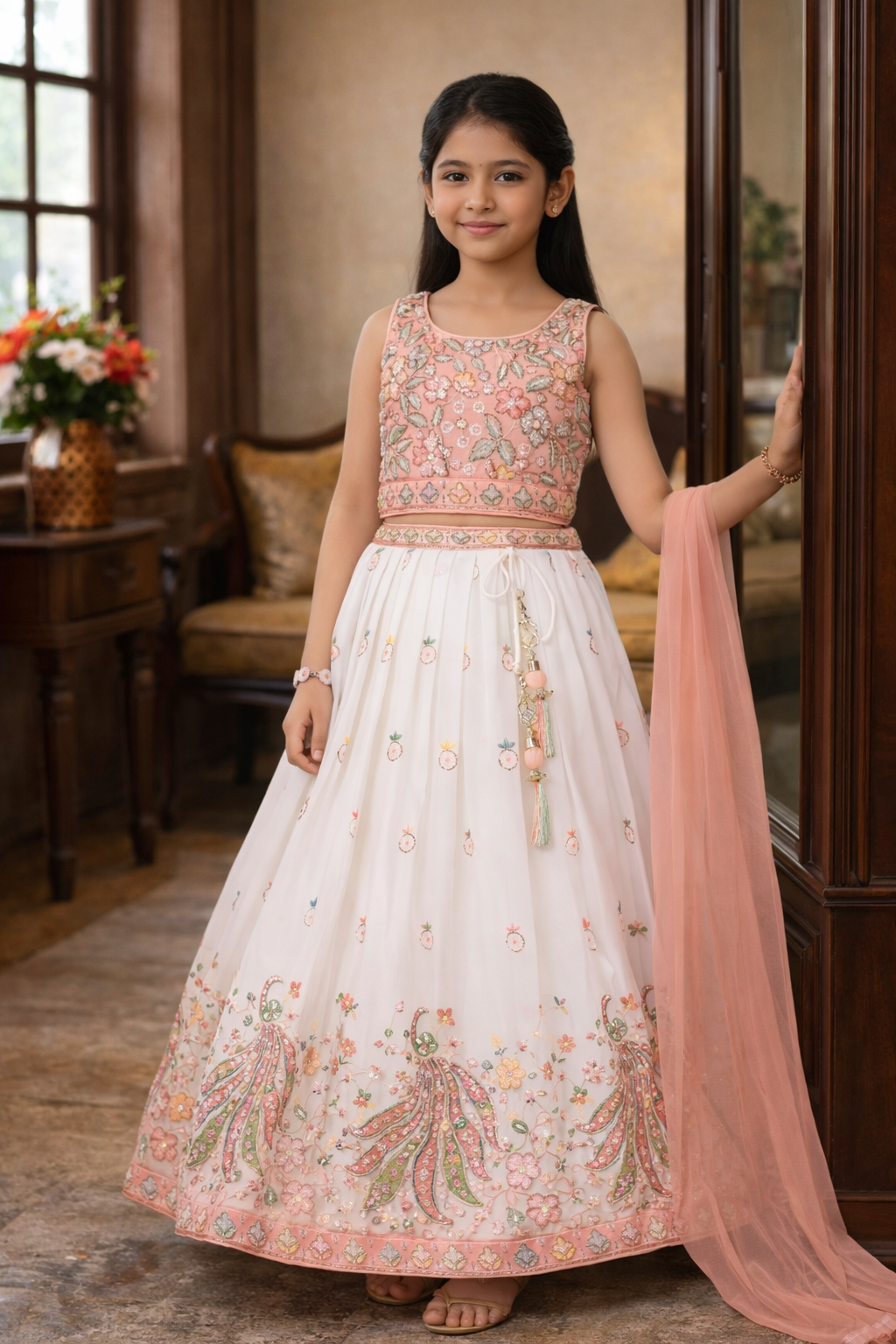 Soft Peach & Ivory Floral Peacock Design Lehenga