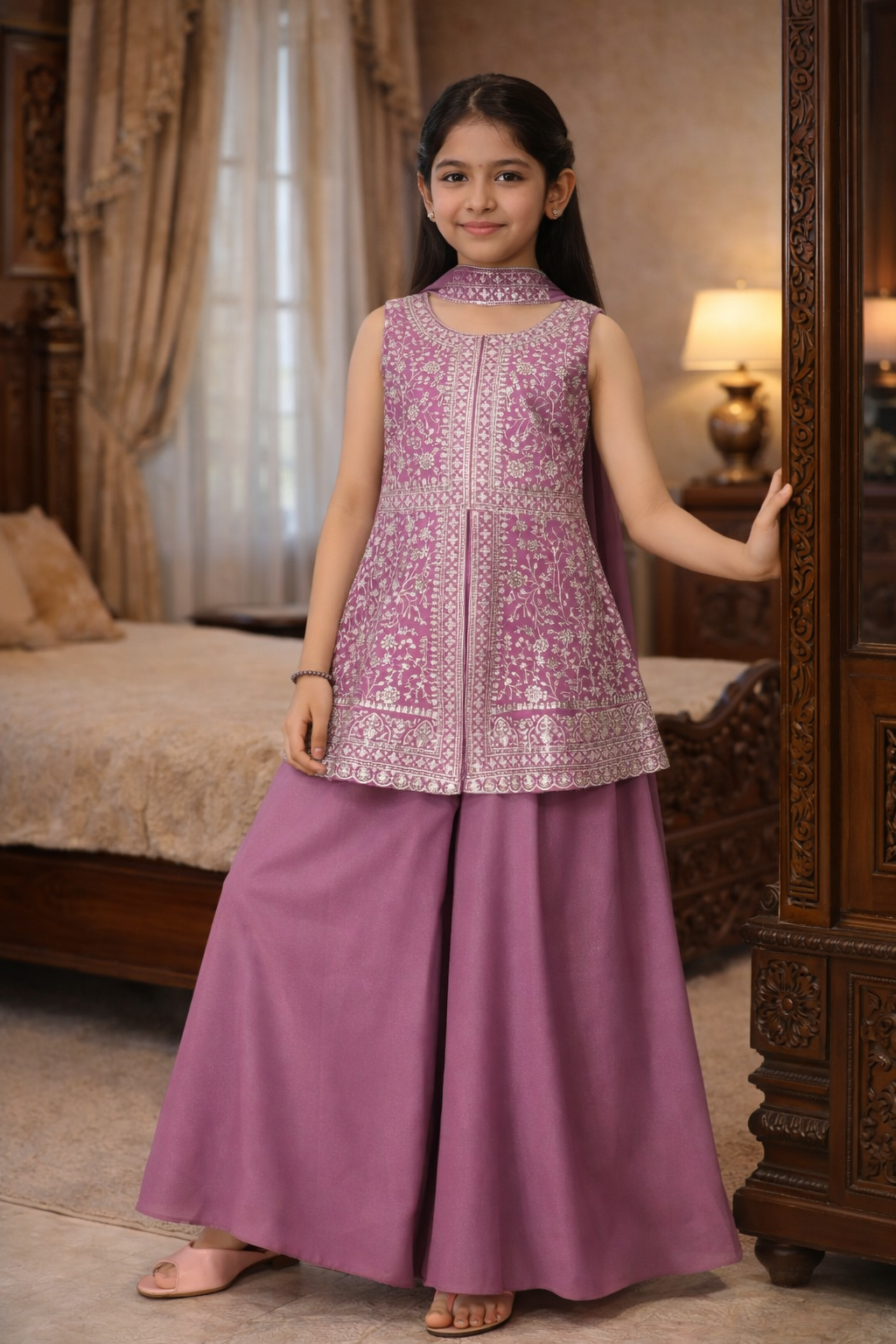 Elegant Mauve & Silver Floral Embroidered Sharara Set