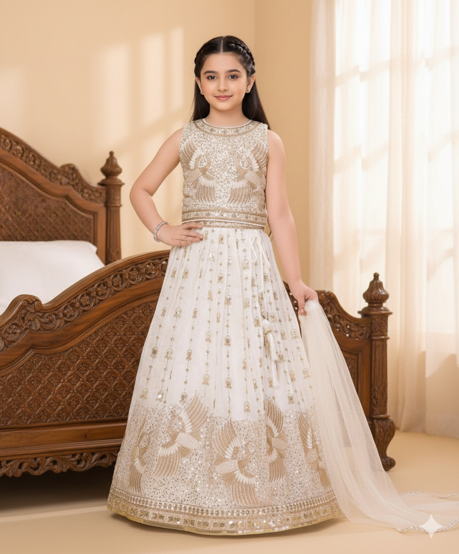 Elegant Ivory & Gold Peacock Motif Lehenga Set