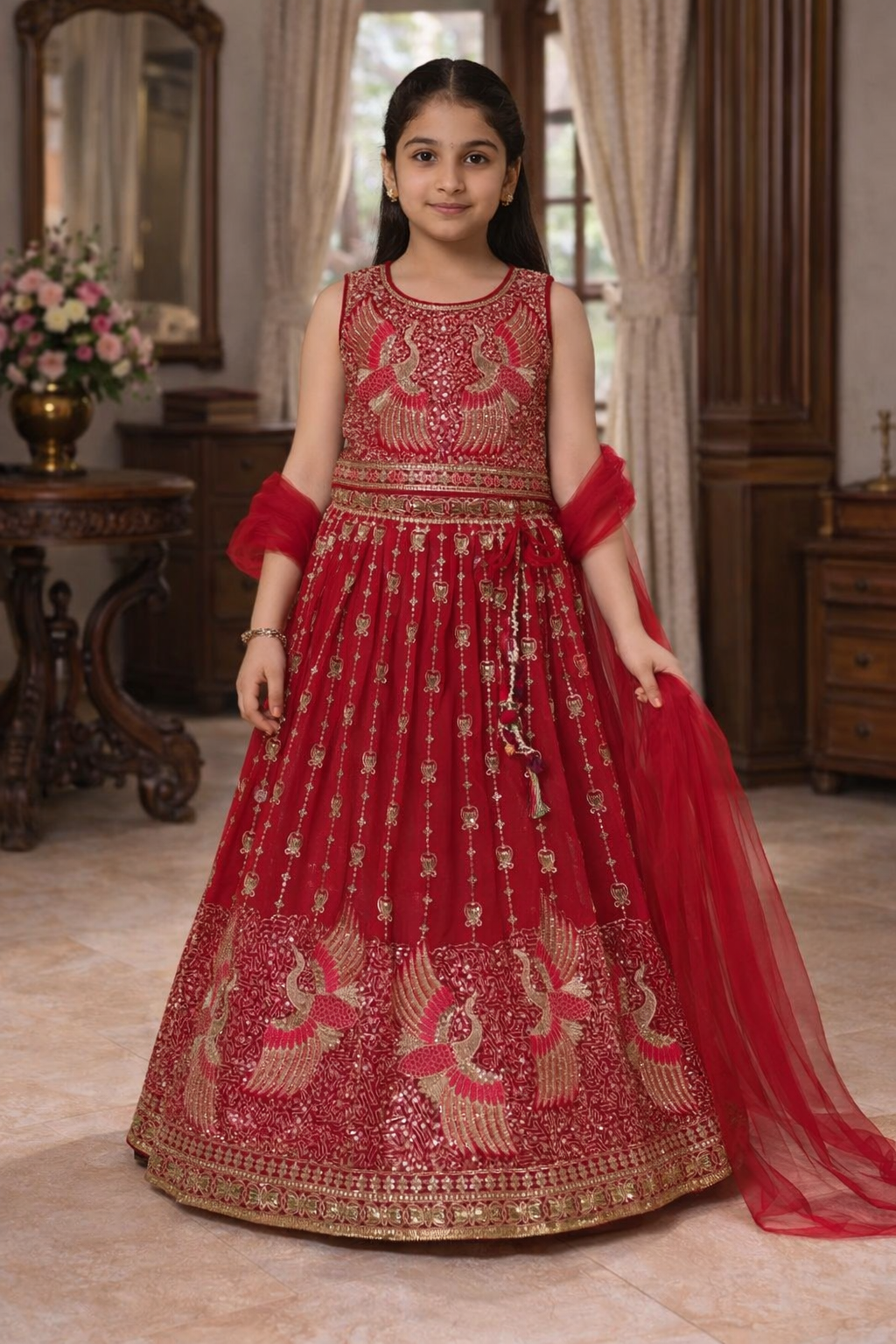 Royal Red & Gold Peacock Motif Lehenga Set