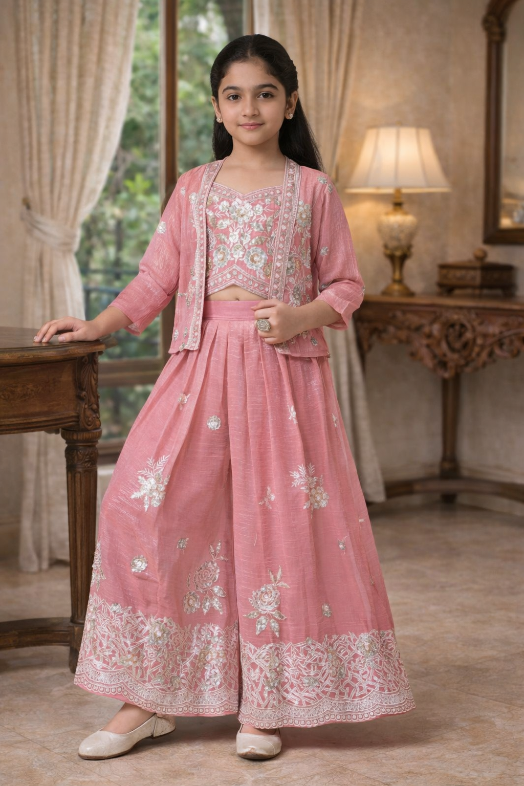 Soft Rose Pink & Ivory Floral Embroidered Set