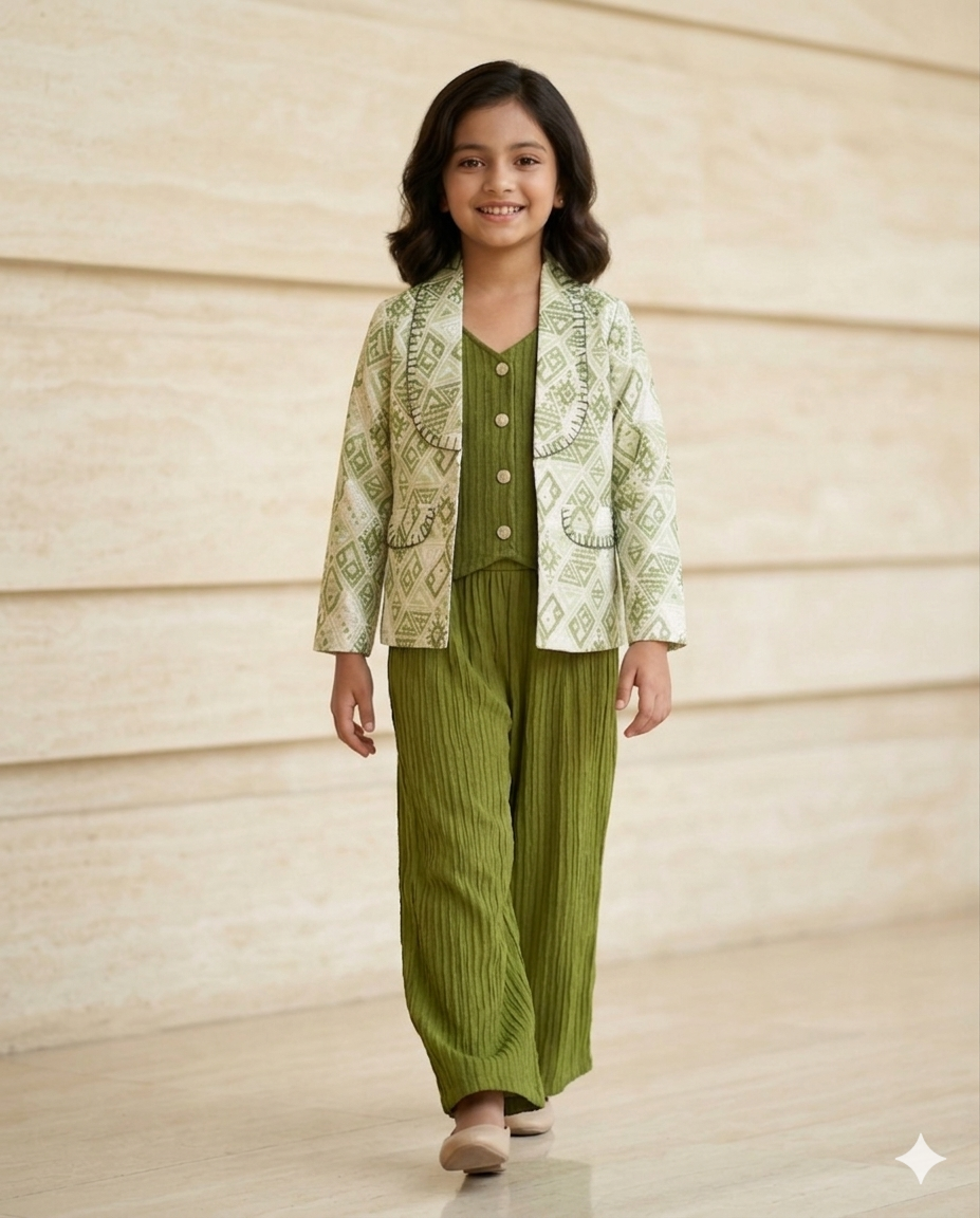 Girls’ Olive Geometric Blazer & Crinkle Co-ord Set