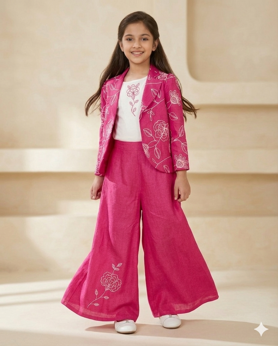 Girls’ Magenta Muse Embroidered 3-Piece Suit