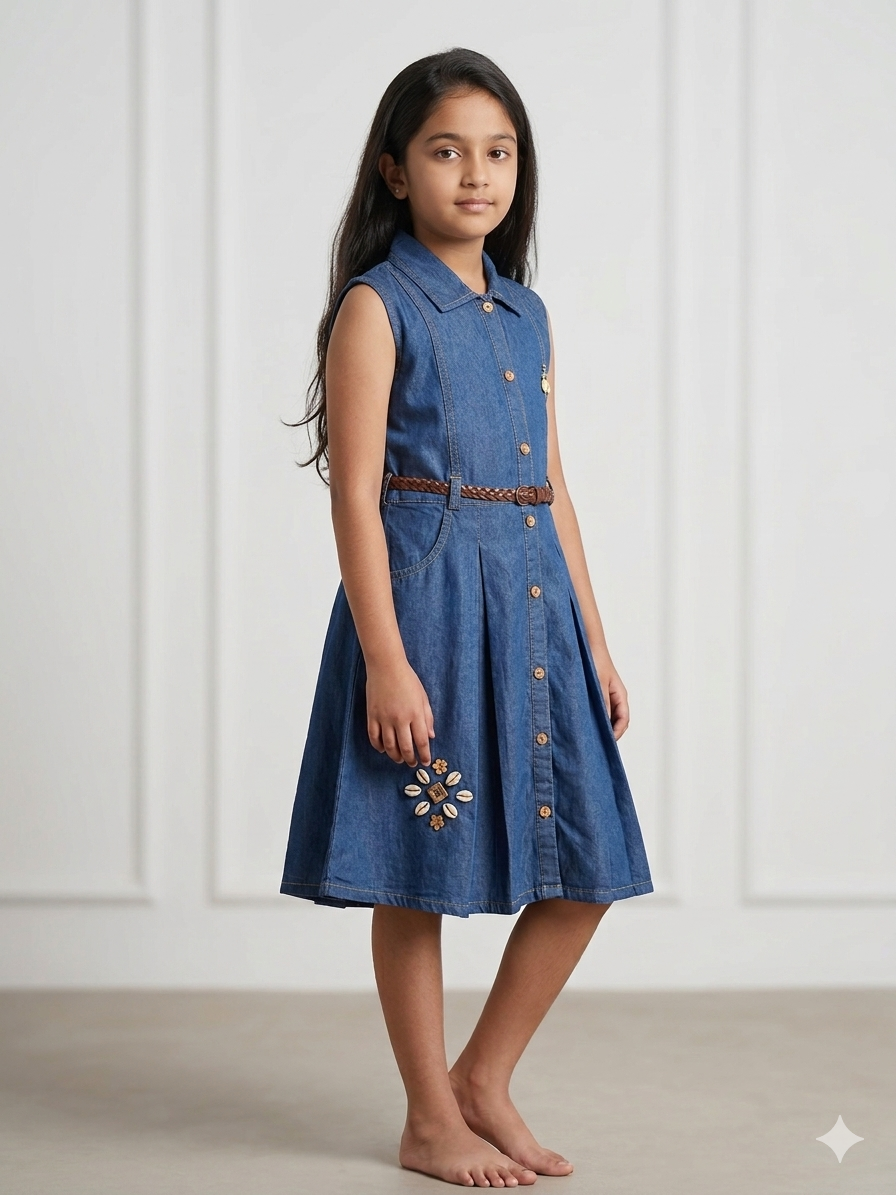 Girls’ Sleeveless Button-Down Dress with Shell Accents