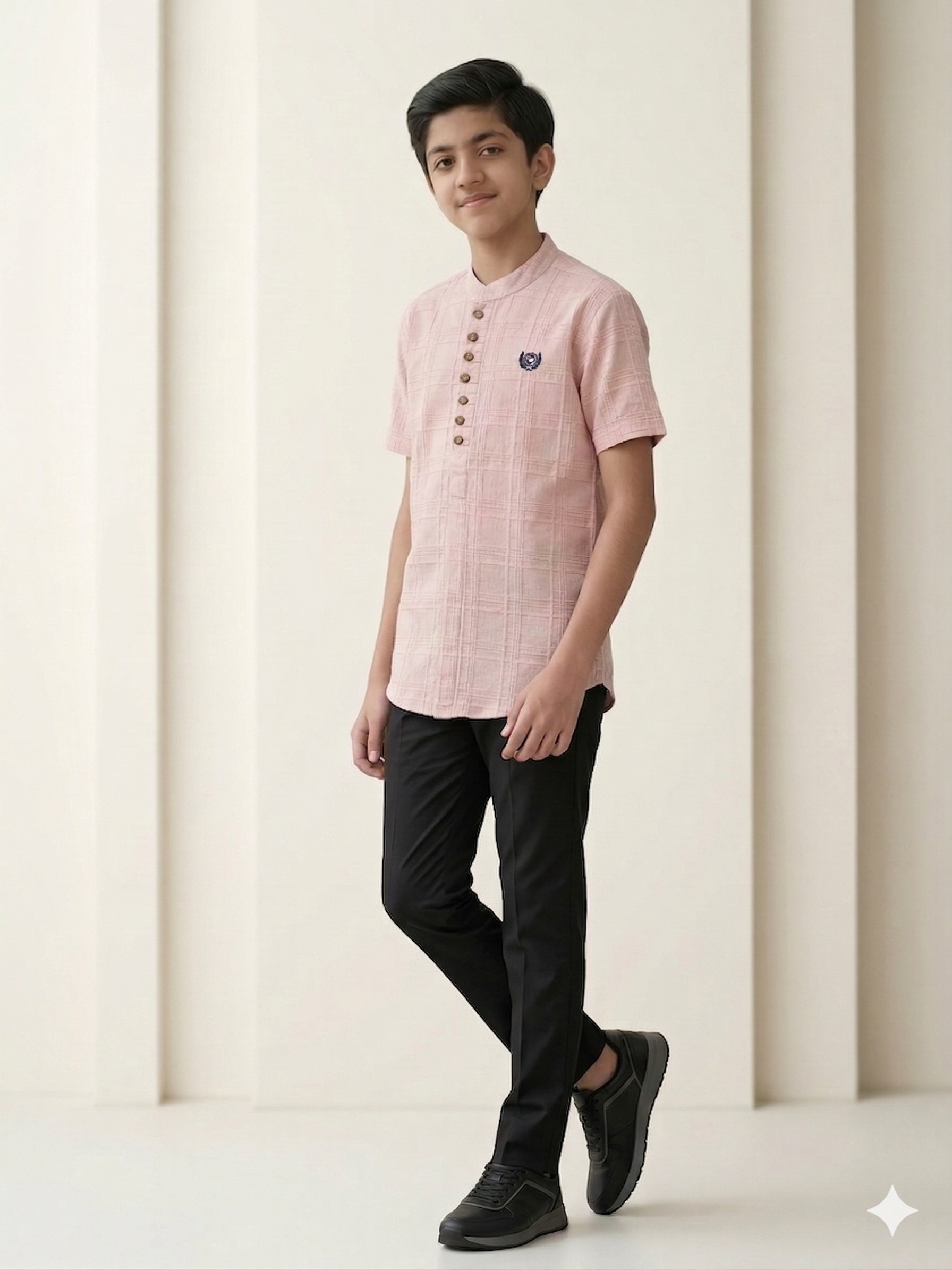 Boys Pink Mandarin Collar Shirt